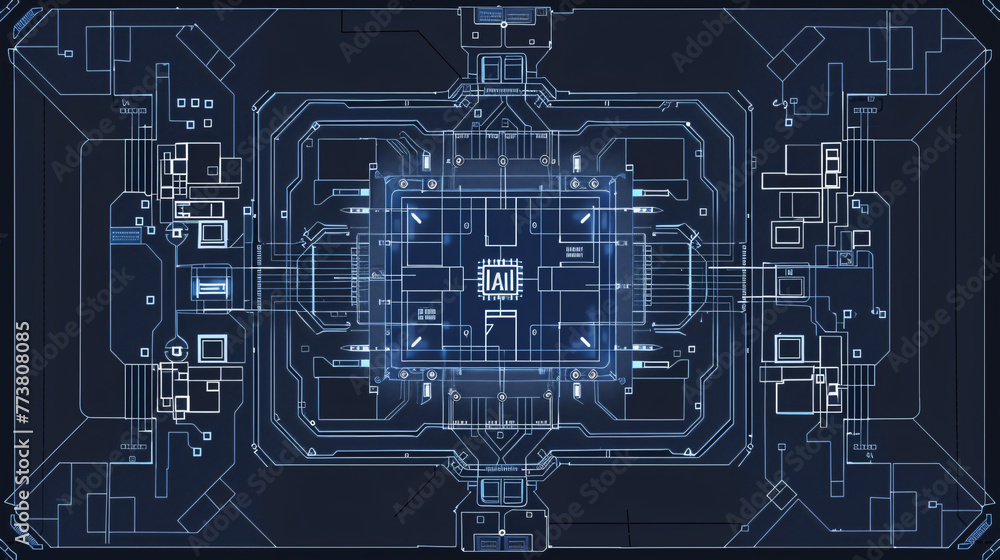overhead view of a modern, detailed, realistic AI processor architecture blueprint