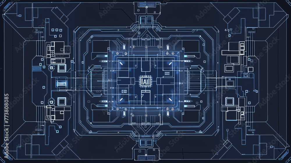 overhead view of a modern, detailed, realistic AI processor architecture blueprint overhead view of a modern, detailed, realistic AI processor architecture blueprint