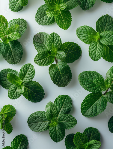 A close up of green mint leaves. AI.