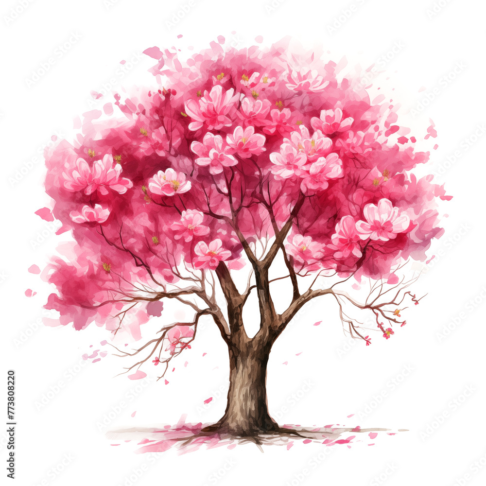 Fototapeta premium Pink spring blossom, single blooming tree isolated on white, cherry blossom floral card, generated by AI