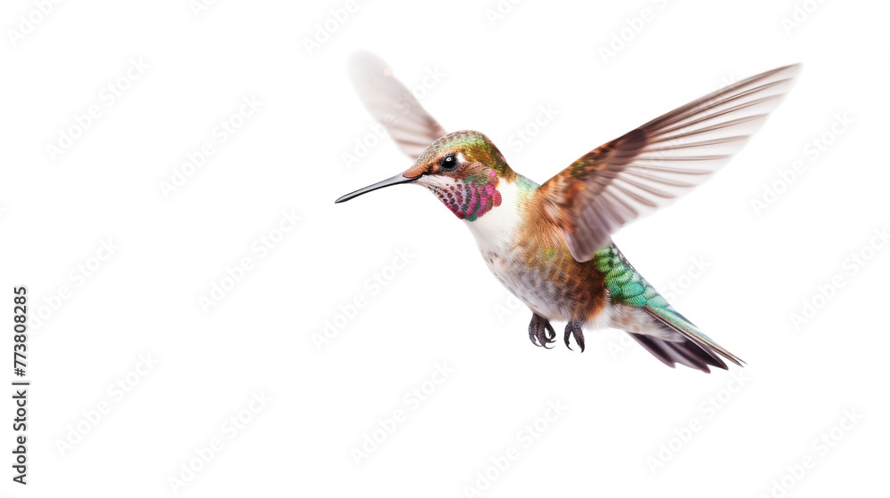 Fototapeta premium A hummingbird gracefully flies through the air with its wings spread