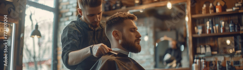 Small business barber shop. Young entrepreneur cutting hair in barber shop. Generative AI