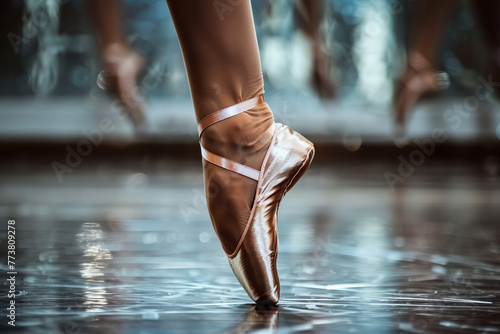 A photo of a ballerina's pointe foot on stage photo