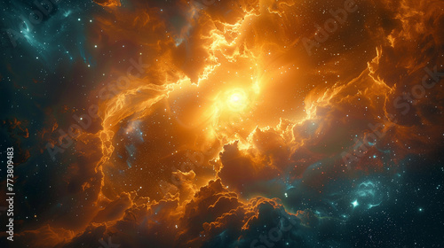 A colorful space scene with a yellow sun in the center. AI.