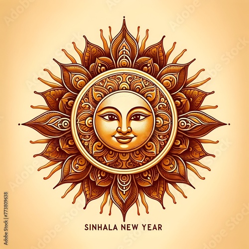 Illustration with a stylized sun with a face for sinhala new year celebration.
 photo