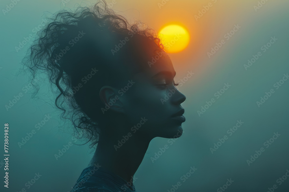 A head in profile, with a squared halo revealing a twilight sun, all set against a backdrop of ether A head in profile, with a squared halo revealing a twilight sun, all set against a backdrop of ether