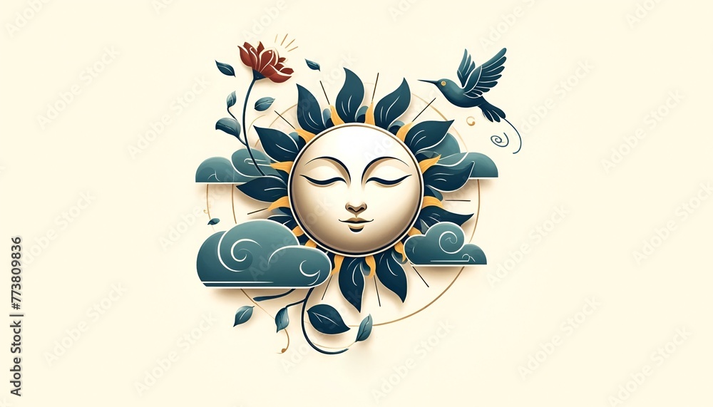 Illustration with a stylized sun with a serene face for sinhala new year celebration. - obrazy, fototapety, plakaty 