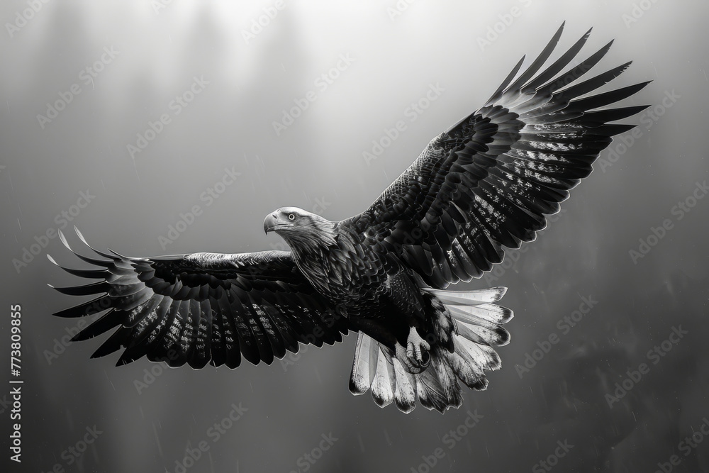 Fototapeta premium A majestic eagle in flight, its wings and feathers defined by sharp geometric patterns against a pho