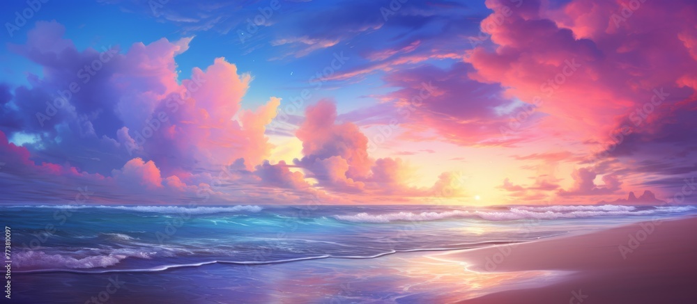 Sunset painting showcases vibrant colors as the sun sets over the calm ocean with fluffy clouds in the sky, creating a serene and peaceful scene