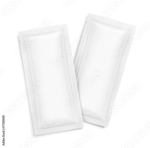 Four side seal sachet bag mockups. Flat lay view. Vector illustration isolated on white background. Can be use for template your design, presentation, promo, ad. EPS10.