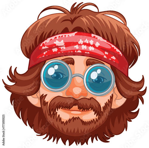 Cartoon of a man with headband and round glasses.