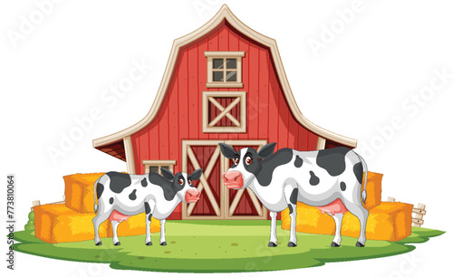 Two cows outside a barn with hay bales.