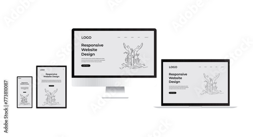 Responsive website mockup on different devices computer Mac laptop tablet and phone Responsive web ui design