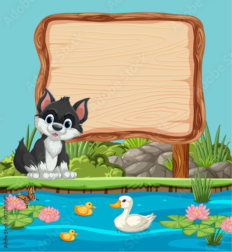 Cute cat with ducks near water and blank sign.