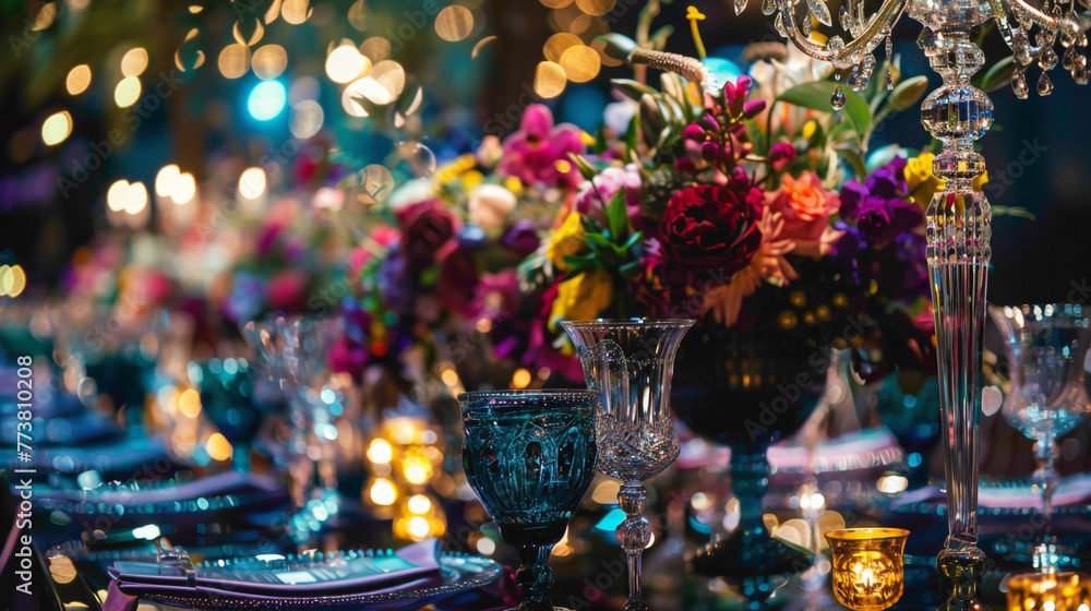 A symphony of jewel tones - sapphire blues, emerald greens, amethyst purples - shining brightly agnst the backdrop of night, creating a dazzling display of color and opulence.
