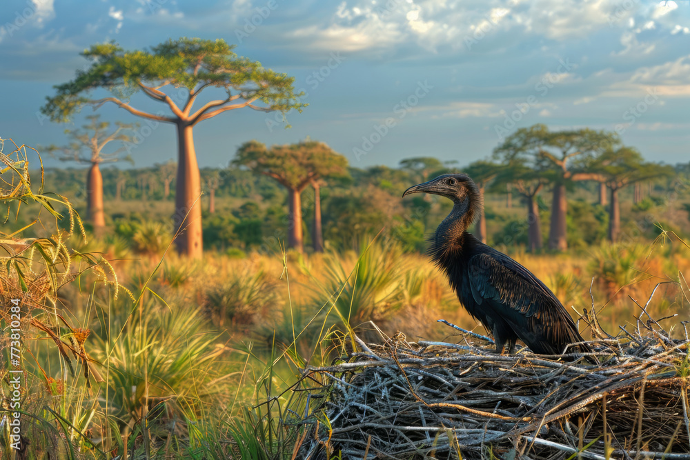 Fototapeta premium A serene scene of the Elephant Bird of Madagascar, the largest bird ever, nesting amongst baobab tre