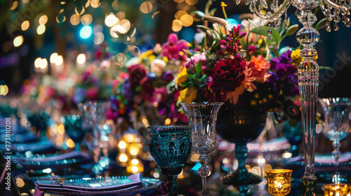 A symphony of jewel tones - sapphire blues, emerald greens, amethyst purples - shining brightly agnst the backdrop of night, creating a dazzling display of color and opulence.