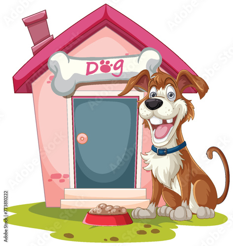 Cheerful dog sitting by its colorful kennel.