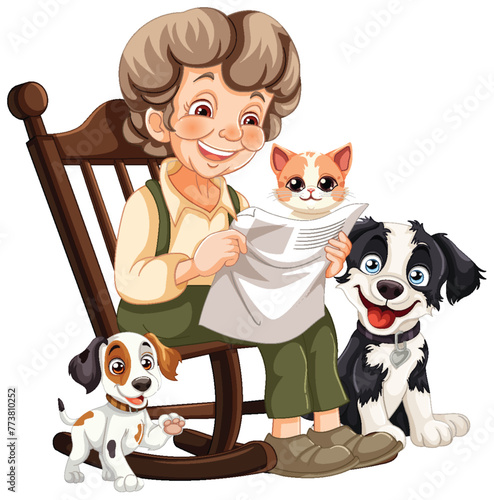 Elderly woman reading with cat and dogs