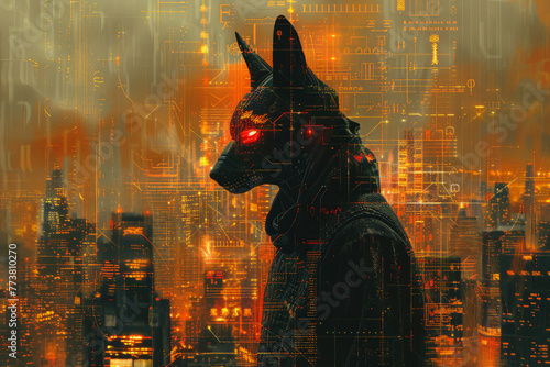 Anubis overseeing a cybernetic underworld, where spirits are data streams flowing in an eternal netw photo
