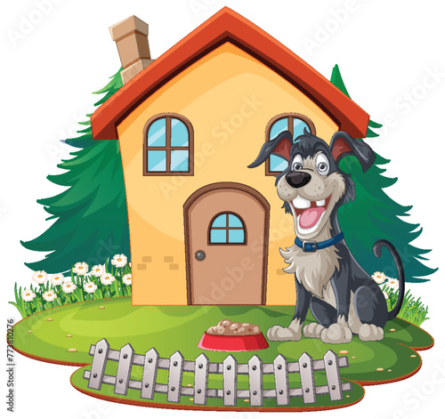 Cheerful dog sitting by its home with food.