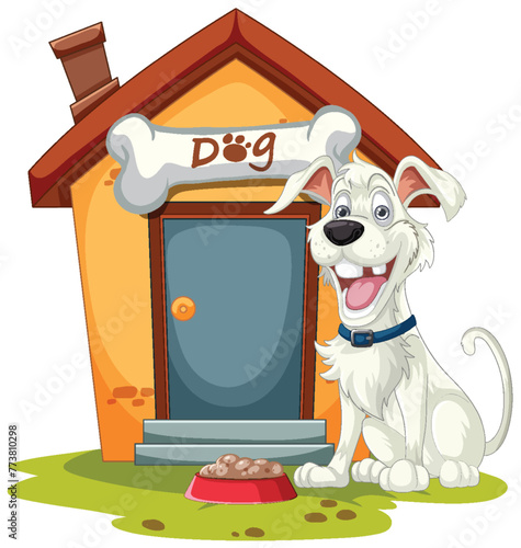 Cheerful dog sitting by its kennel with a bone.