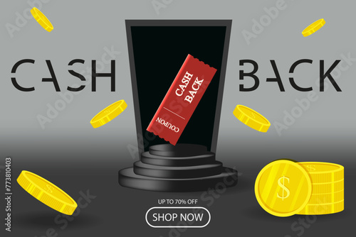 3D Cash Back Coupon on 3D Podium. Discount Voucher on mockup Pedestal with dollar coin. Black Friday advertising banner Concept. Vector illustration can used web Sale design. 