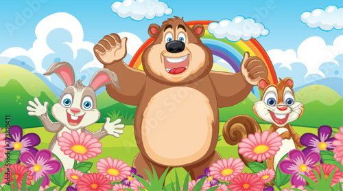 Cartoon bear and squirrels with rainbow in meadow