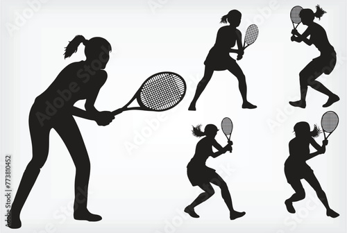 Girl Tennis Player in multiple position and poses Silhouettes. Editable vector sports  design element for poster, banner regarding tournament and competitions. Active healthy life icon. eps 10