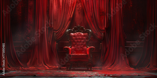 The Throne Room with Gold royal chair on a white background of red curtains. Place for the king.. generative ai 