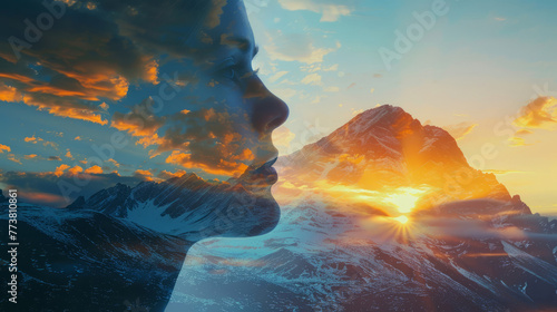 Double exposure combines a woman s face and high mountains at sunset. Panoramic view