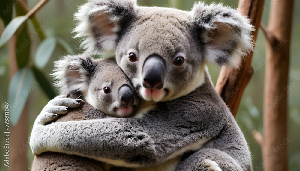 A Koala Cuddling Its Baby Joey In A Cozy Embrace