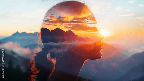Double exposure combines a woman's face and high mountains at sunset. Panoramic view