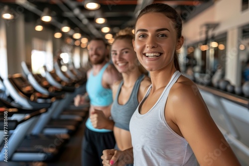 Portrait of happy fit group of people working out in gym together  Generative AI