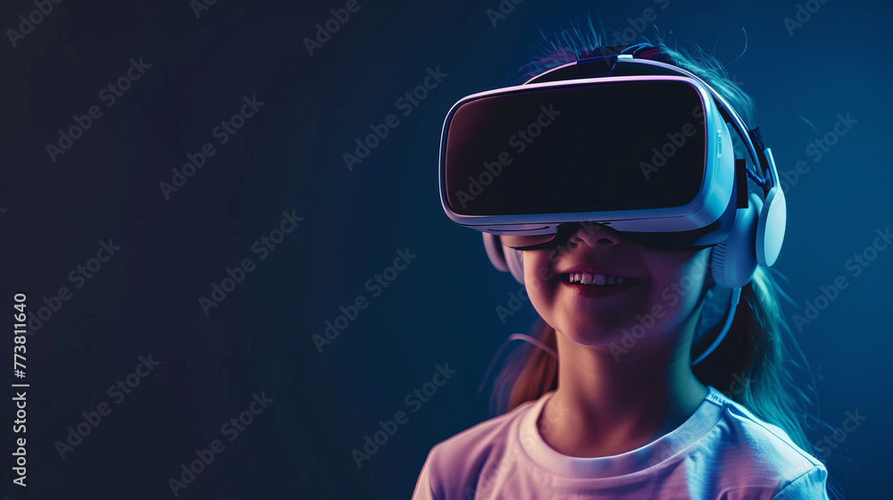 Happy smiling girl in VR glasses in blue room, portrait Happy smiling girl in VR glasses in blue room, portrait