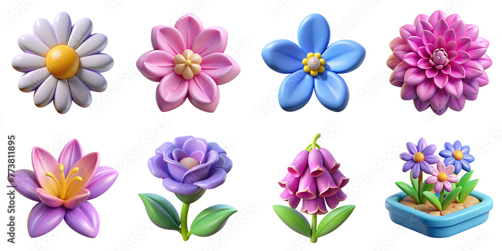 Flowers 3D icons. Illustration of daisy, plumeria, forget-me-not, dahlia, lily, rose, bellflower, potted aster