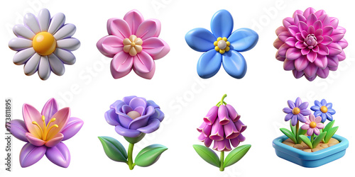 Flowers 3D icons. Illustration of daisy  plumeria  forget-me-not  dahlia  lily  rose  bellflower  potted aster