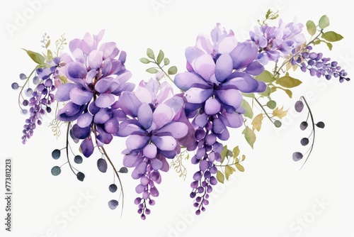 watercolor of wisteria clipart with cascading purple blooms. flowers frame, botanical border, wisteria flowers on an isolated white background, watercolor illustration, botanical painting.
