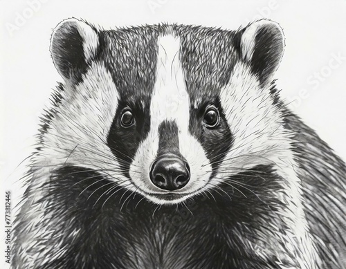 Pencil drawing of an American badger isolated against a white background