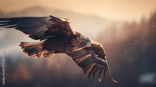 A hunting eagle is flying in the sky generative AI photo