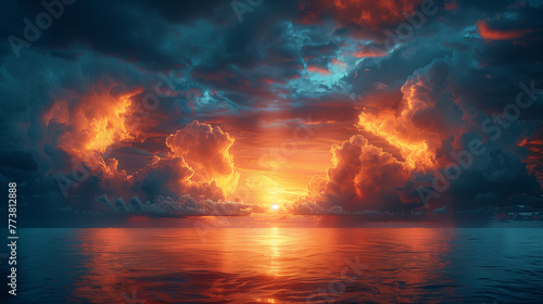 A beautiful sunset over the ocean with a few clouds in the sky. AI.