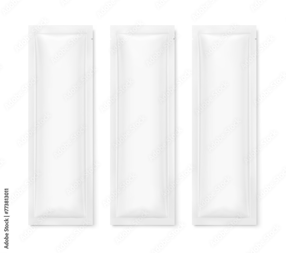 Four side seal sachet bag mockup. Flat lay view. Vector illustration isolated on white background. Can be use for template your design, presentation, promo, ad. EPS10. Four side seal sachet bag mockup. Flat lay view. Vector illustration isolated on white background. Can be use for template your design, presentation, promo, ad. EPS10.