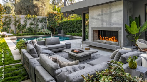 Stylish outdoor living space with a fireplace and comfortable furniture in a luxury home