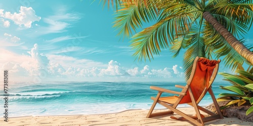 Orange beach chair under the palm tree with summer accessories