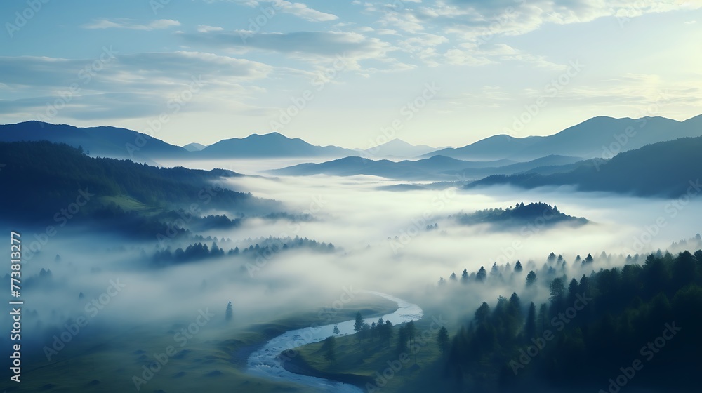 landscape with fog in the mountains. 