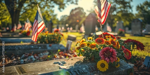 A somber scene of small American flags placed alongside tombstones at the National Cemetery, a respectful Memorial Day exhibition.