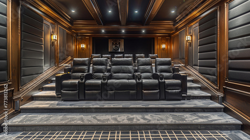 An elegant home theater boasting plush black leather recliners arranged in tiered rows, complemented by acoustic wall panels and a large projection screen,