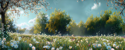 Beautiful spring or summer natural background, landscape with young lush green grass with blooming dandelions on the background of trees in the garden, green field, banner, web banner, wide background