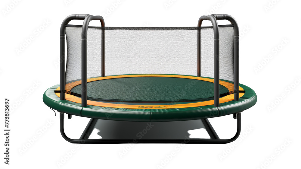 A vibrant green and yellow trampoline set against a clean white background A vibrant green and yellow trampoline set against a clean white background