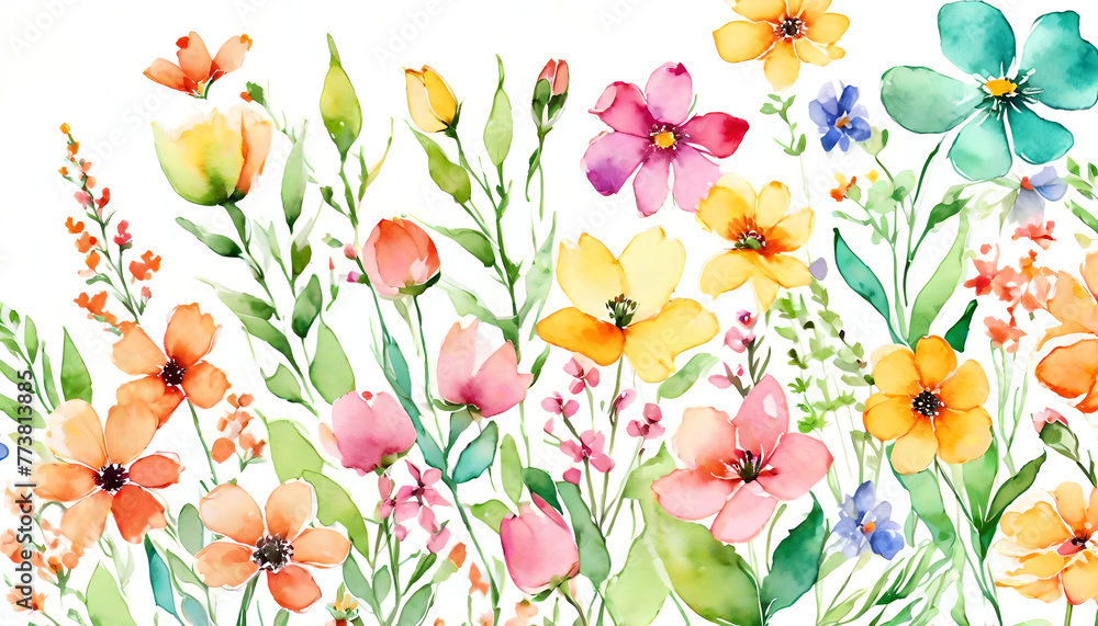 Seasonal flowers on white background, colorful watercolor illustration. AI generative
